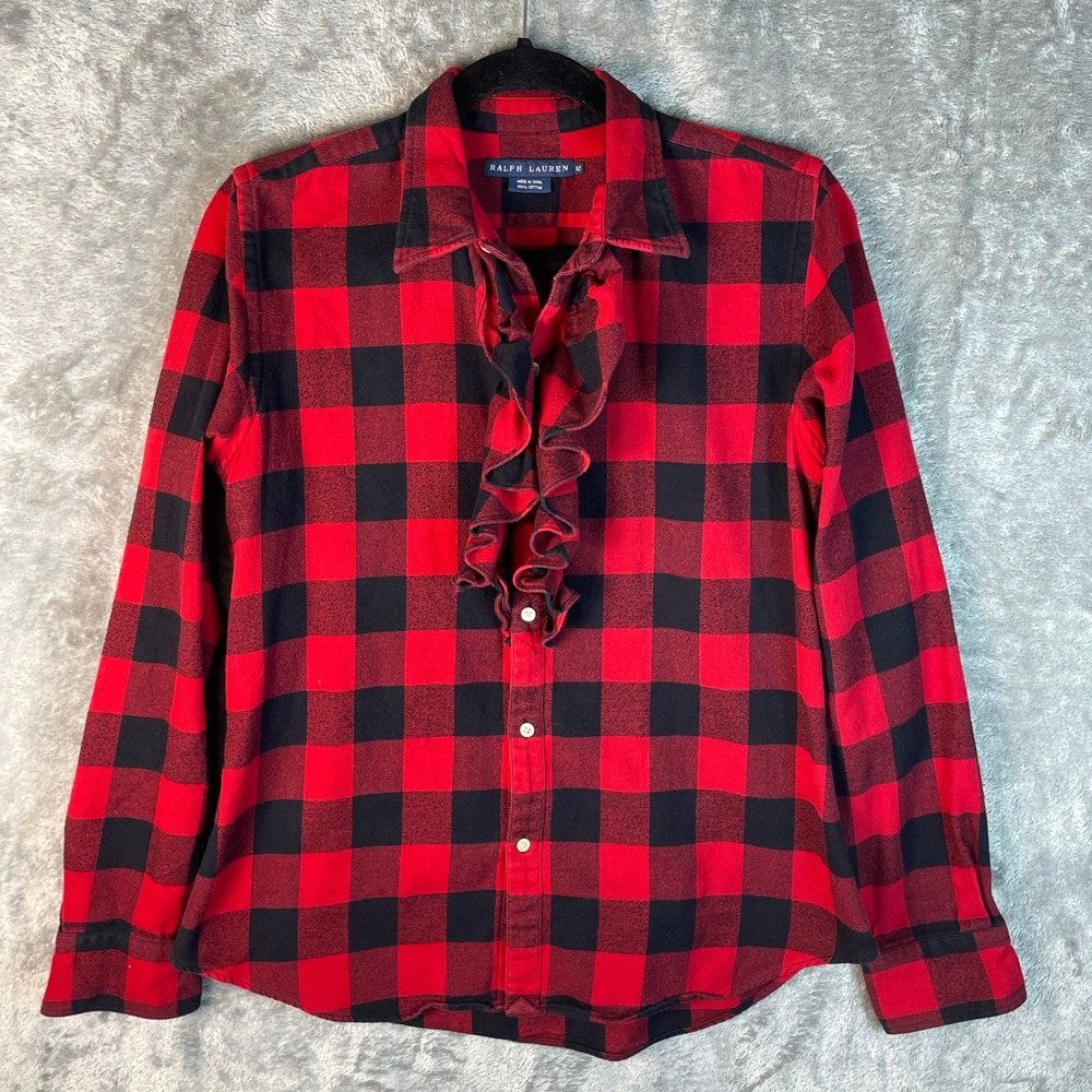 Ralph Lauren Ruffle Flannel Shirt Womens 12 Red Black Buffalo Plaid Very Good - Picture 1 of 7